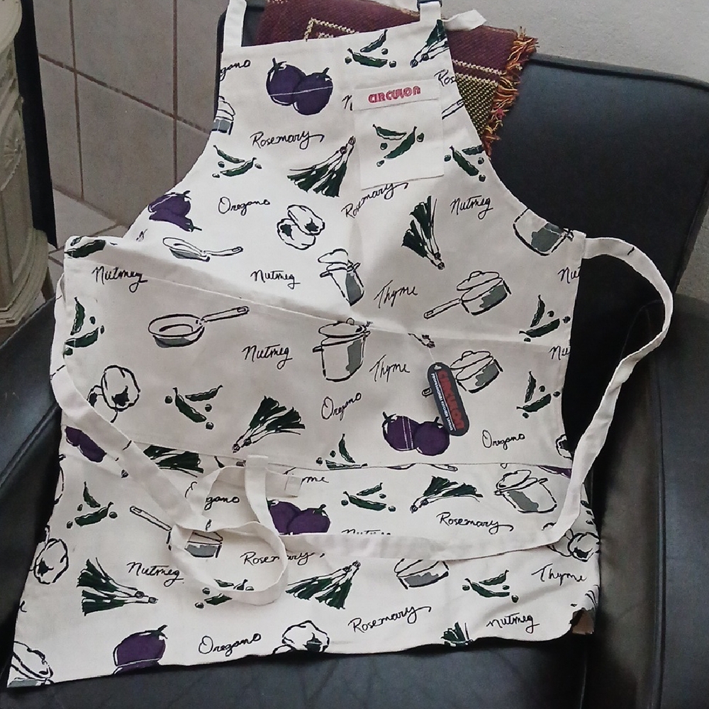 Herb Design Apron - White with Green and Purple Accents Professional Kitchen